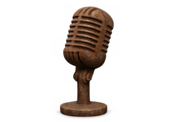Classic vintage microphone standing, a retro audio sound device for recording, broadcasting, and podcasting on a transparent background