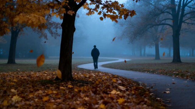 Person walking alone in a quiet park with soft autumn leaves falling, overcast moody lighting, perfect for world introvert day
