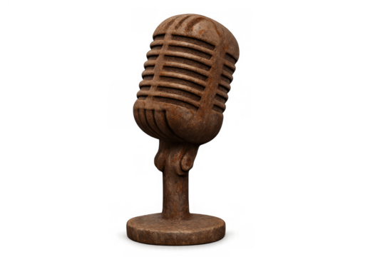Classic vintage microphone standing, a retro audio sound device for recording, broadcasting, and podcasting on a transparent background