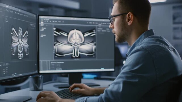 Professional Male Engineer Working on 3D Computer-Aided Design Software, Developing Innovative Digital Models for Advanced Technology Projects