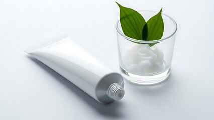 White Cosmetic Cream Tube and Glass with Green Leaves Keywords: cosmetic, cream, tube, skincare