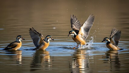 Four egyptian geese swimming and splashing
