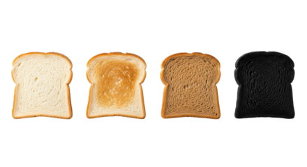 Four white bread slices showing toasting progression: pristine, golden, medium brown, charred black, on a minimalist white studio background. Concept of process stages and transformation
