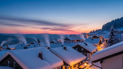 Winter village at dusk