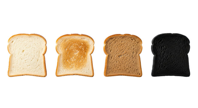 Four white bread slices showing toasting progression: pristine, golden, medium brown, charred black, on a minimalist white studio background. Concept of process stages and transformation
