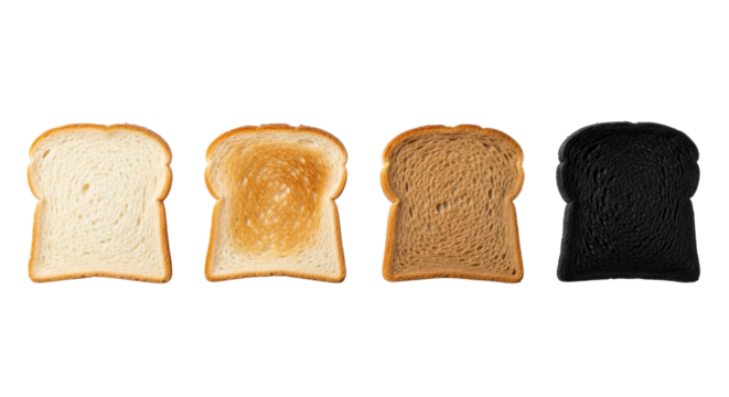 Four white bread slices showing toasting progression: pristine, golden, medium brown, charred black, on a minimalist white studio background. Concept of process stages and transformation