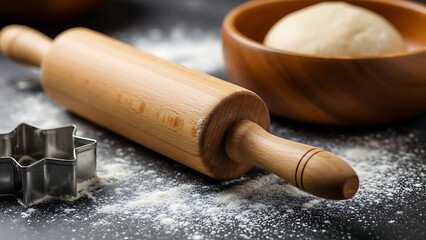 Wooden Rolling Pin and Star Cookie Cutter with Dough and Flour baking cooking