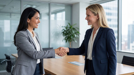 Businesswomen shaking hands in a professional meeting