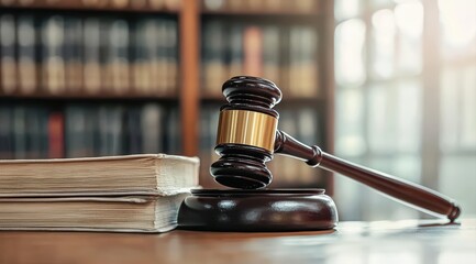 Gavel on a wooden desk with law books, symbolizing legal proceedings, justice, and judgment in a legal office setting