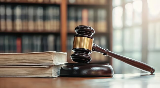 Gavel on a wooden desk with law books, symbolizing legal proceedings, justice, and judgment in a legal office setting - Powered by Adobe