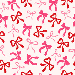 Seamless pattern with pink and red bows. Repeating texture for gift wrapping, fabric, holiday decor, and Valentine's Day.
