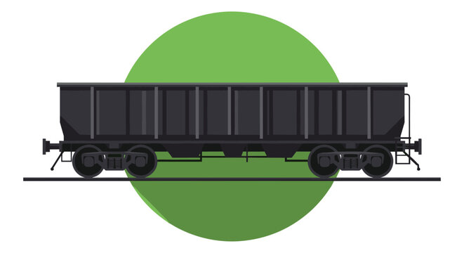 An illustration of a classic dark grey freight train car, a hopper or gondola, standing on railway tracks with a bright green circular backdrop.