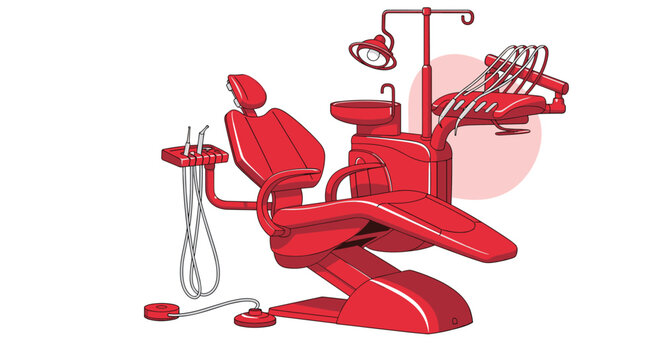 Modern red dental chair with an examination light, sink, various dental tools, and foot pedals, set against a simple white background.