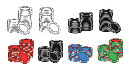 A collection of poker chip illustrations featuring outline, monochrome, and vibrant red, blue, and green color variations in neat stacks.