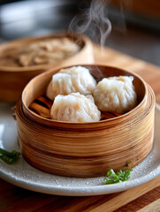 Fototapeta premium Steaming dumplings in a bamboo steamer on a wooden table.
