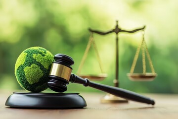 Globe, gavel, and justice scale representing environmental protection, climate change law, and global ecological stewardship