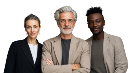 Leadership Trio: Portrait of three accomplished business individuals, radiating confidence and experience, stand shoulder-to-shoulder, embodying leadership and collaboration.