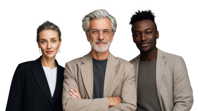 Leadership Trio: Portrait of three accomplished business individuals, radiating confidence and experience, stand shoulder-to-shoulder, embodying leadership and collaboration.