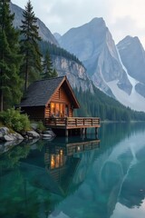 Fototapeta premium A tranquil lakeside cabin, perfectly secluded for a restful holiday getaway Imagine unwinding amidst nature's serenity, far from the everyday hustle The perfect escape awaits , relaxation, autumn