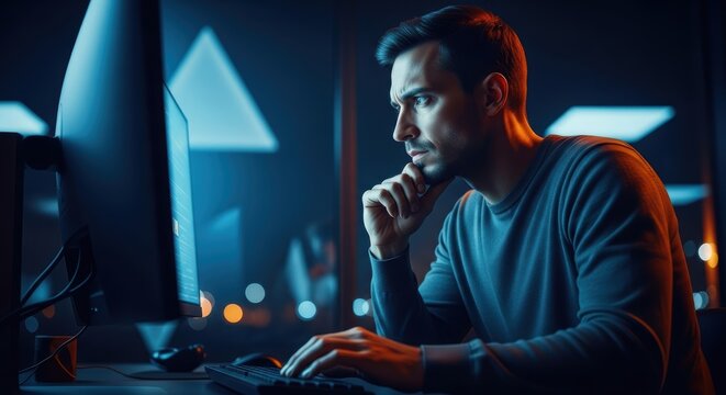 Man coding late at night, illuminated by screen in a modern workspace