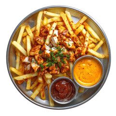 Fries and Chicken Delight: A close-up shot of a tantalizing serving of crispy fries, topped with succulent pieces of grilled chicken and accompanied by a trio of savory sauces.