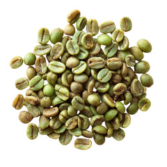 Unroasted Coffee Beans: A close-up shot captures a heap of vibrant green, unroasted coffee beans, showcasing their natural texture and rich potential, ready for transformation.