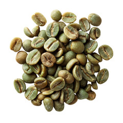 Raw Coffee Beans: A close-up view of a pile of raw coffee beans, showcasing their earthy green hue and unique shape, suggesting the beginning of a delicious journey.