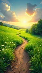 Fototapeta premium A winding path through a lush green meadow, leading towards a distant, sunlit horizon, symbolizes the journey of a family through life's stages , journey, legacy, perspective