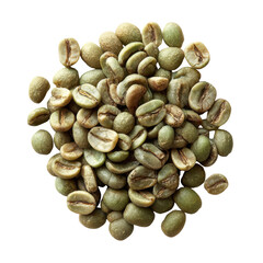 Green Coffee Bean Heap: An overhead perspective of a heap of unroasted, raw green coffee beans, showcasing the freshness and potential of each individual bean.
