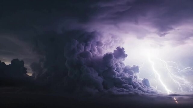 Dramatic thunderstorm unfolds with vivid lightning strikes during powerful storm event with dark clouds