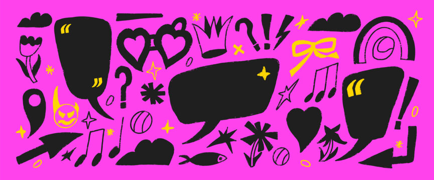 Punk speech bubbles and crayon quote frames with a girly touch. Hand drawn clouds, hearts, and tiny marks for vivid notes or love messages. Naive doodle tag collage in pink and black with emo charm.