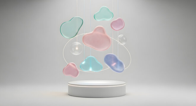 Modern product display podium with abstract floating pastel glass shapes.