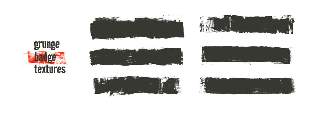 Grunge badges textures. Straight black wide lines. Calligraphy brush strokes with rough edges. Vector thick printmaking streaks. Bold grunge long design elements. Gritty textured promo highlights.