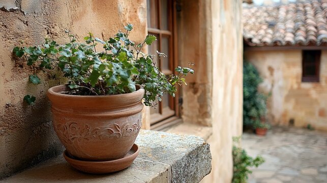 A terracotta pot with a green plant sits on a stone ledge next to a window. The scene is bathed in warm sunlight, with a blurred courtyard in the background.
