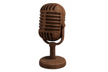 Rusty vintage microphone for broadcasting and podcasting, representing old sound recording and communication on a transparent background