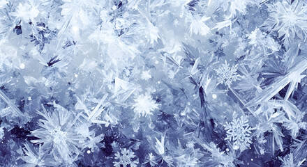 Abstract background of frozen ice crystals and snowflakes.