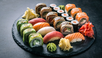 Delicious sushi rolls, fresh sashimi slices, and delicate garnishes on a dark stone plate. traditional, japanese food. 