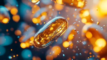 Floating photo Transparent Capsule with Golden Particles in Abstract Bokeh pill supplement