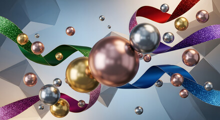 Abstract background with metallic orbs and glittery ribbons.