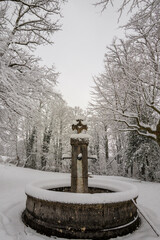 Historic stone fountain (basin/calvary) covered in thick snow, Chartreuse