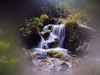 Tranquil mountain stream cascade with silky water flowing over lush mossy rocks