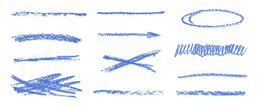 Blue crayon pencil underlines. Brush stroke texture chalk strikethrough hand pen drawn highlight for playful text compositions. Vector scribble element set for freehand illustration on transparent bg.
