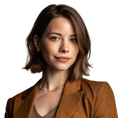 Confident Woman's Portrait: Captivating headshot of a poised woman exudes confidence and approachability, exuding warmth and charm in a professional context.