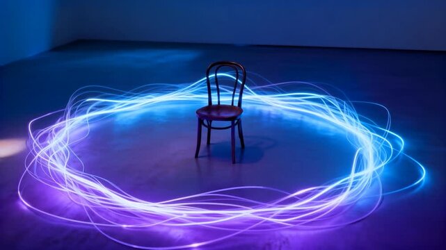 Abstract glowing lines forming circle around empty chair, symbolizing solitude and reflection, perfect for world introvert day