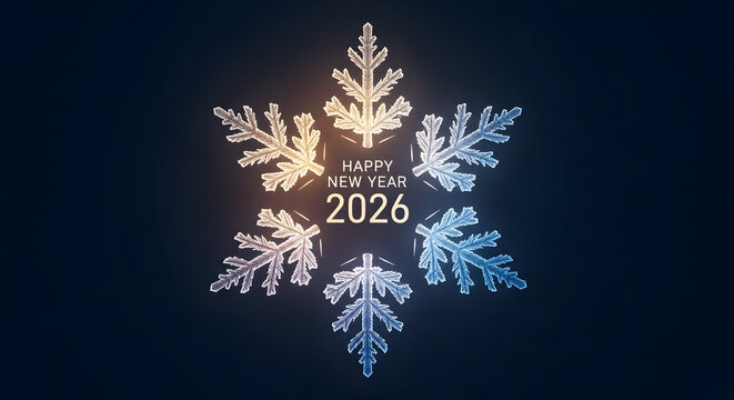 Glimmering snowflake design wishing a joyous Happy New Year 2026, radiating festive spirit against a deep background, symbolizing winter holidays and new beginnings - Powered by Adobe