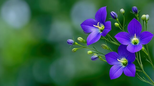 Close-up of vibrant purple bellflowers with green stems and buds against a soft, blurred green bokeh background. The flowers are in full bloom, showcasing their