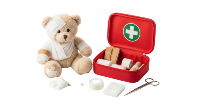 Light-beige teddy bear with white gauze bandages and adhesive strips, sitting beside an open red first aid kit with medical supplies on a transparent studio surface, concept of gentle care and