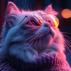 Fluffy photo white cat wearing round gold glasses with pink and blue neon lighting animal