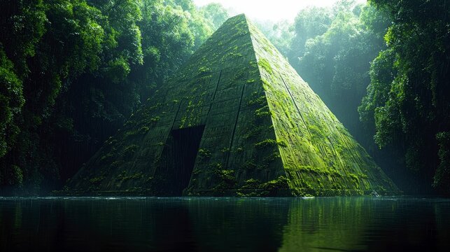 A large pyramid structure covered in moss and vegetation sits in a forest, reflected in the water. The scene is illuminated with dramatic lighting.