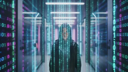 Futuristic concept of an anonymous hooded hacker standing within a server room amidst a glowing digital stream of binary code - Powered by Adobe